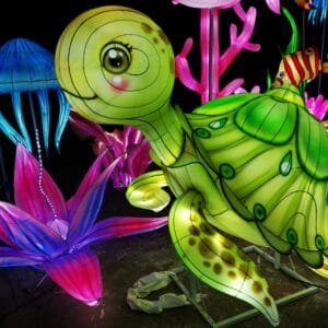 Green turtle lantern close view with glowing garden elements