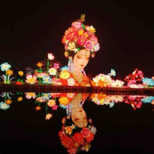 Floral portrait lantern reflected on water during a night display