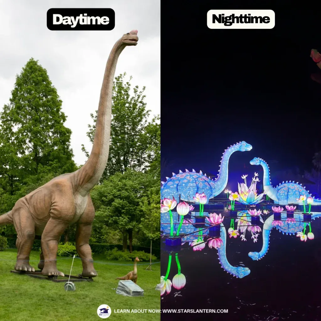 Dinosaurios animatrónicos de día y faroles de noche