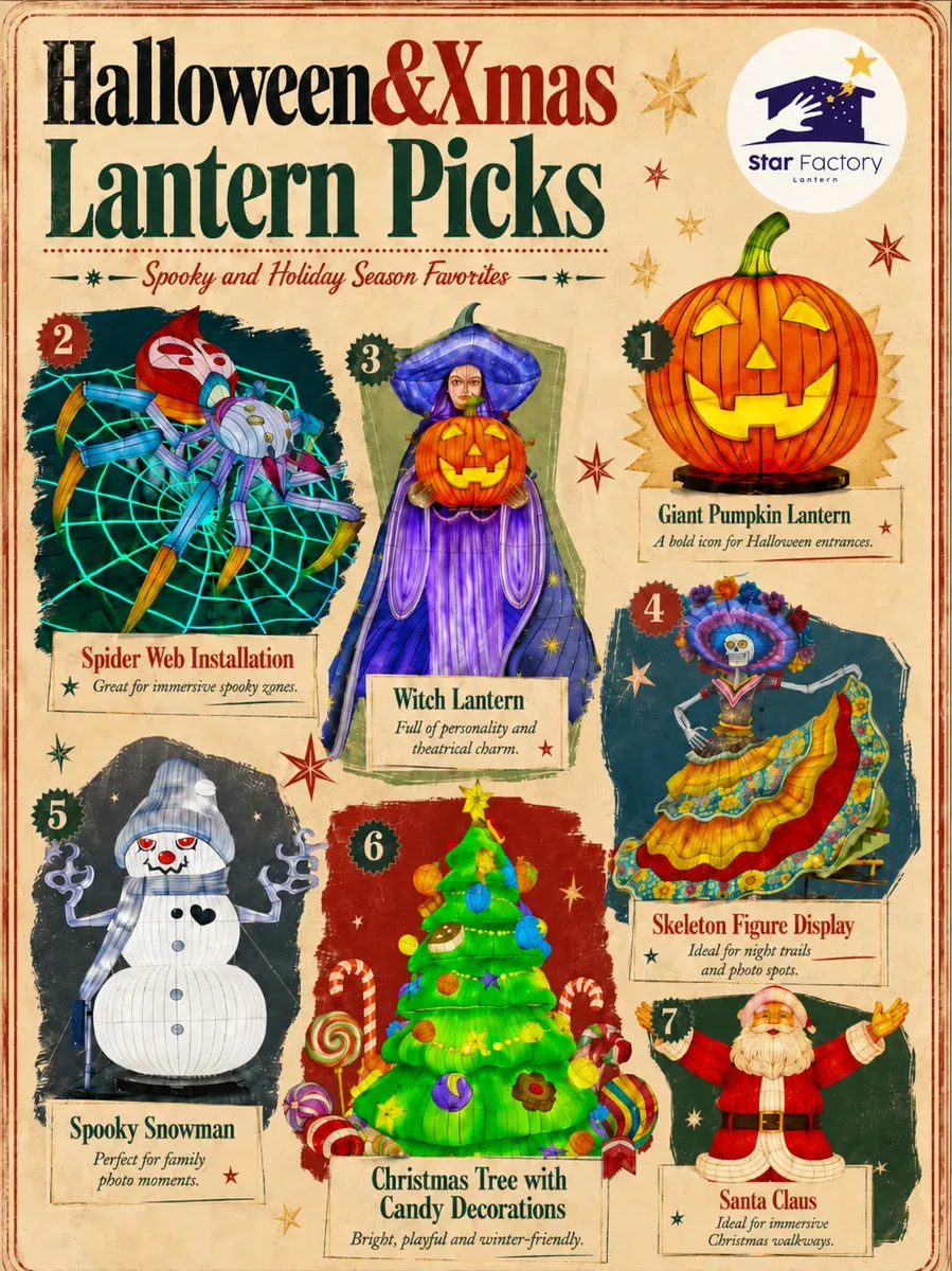 commercial Halloween decorations with themed lantern displays for parks malls and public events