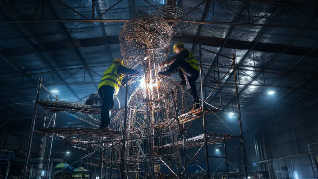 Lantern factory workers welding a large custom steel-frame sculpture in Zigong