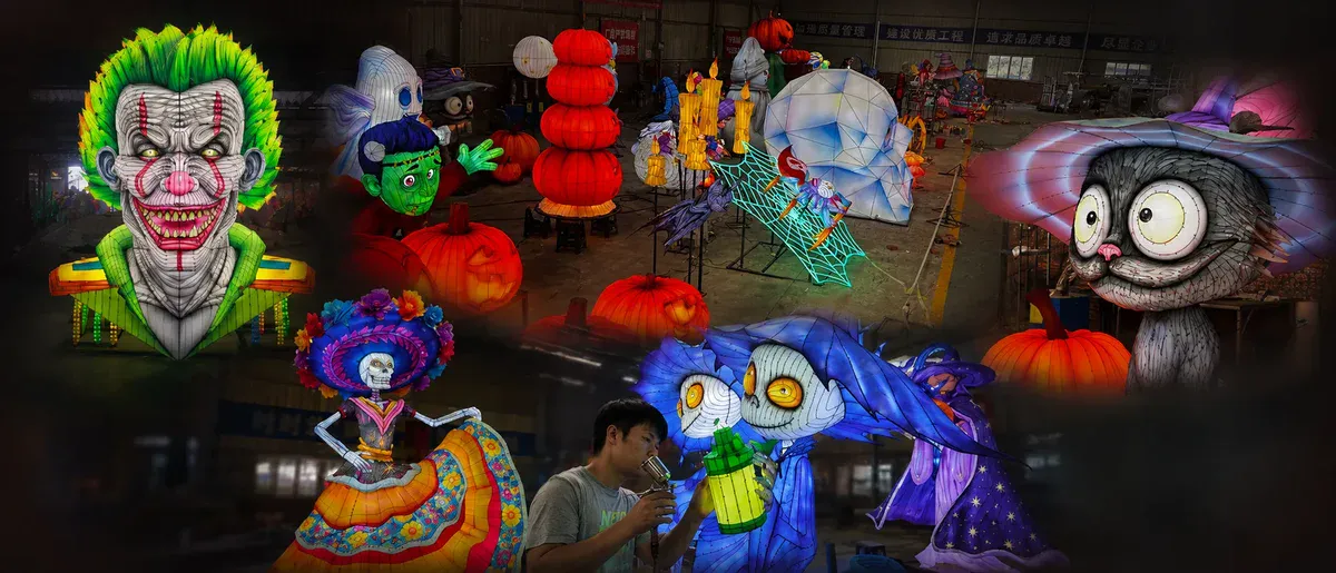 custom lantern products including Halloween characters pumpkins and themed light sculptures