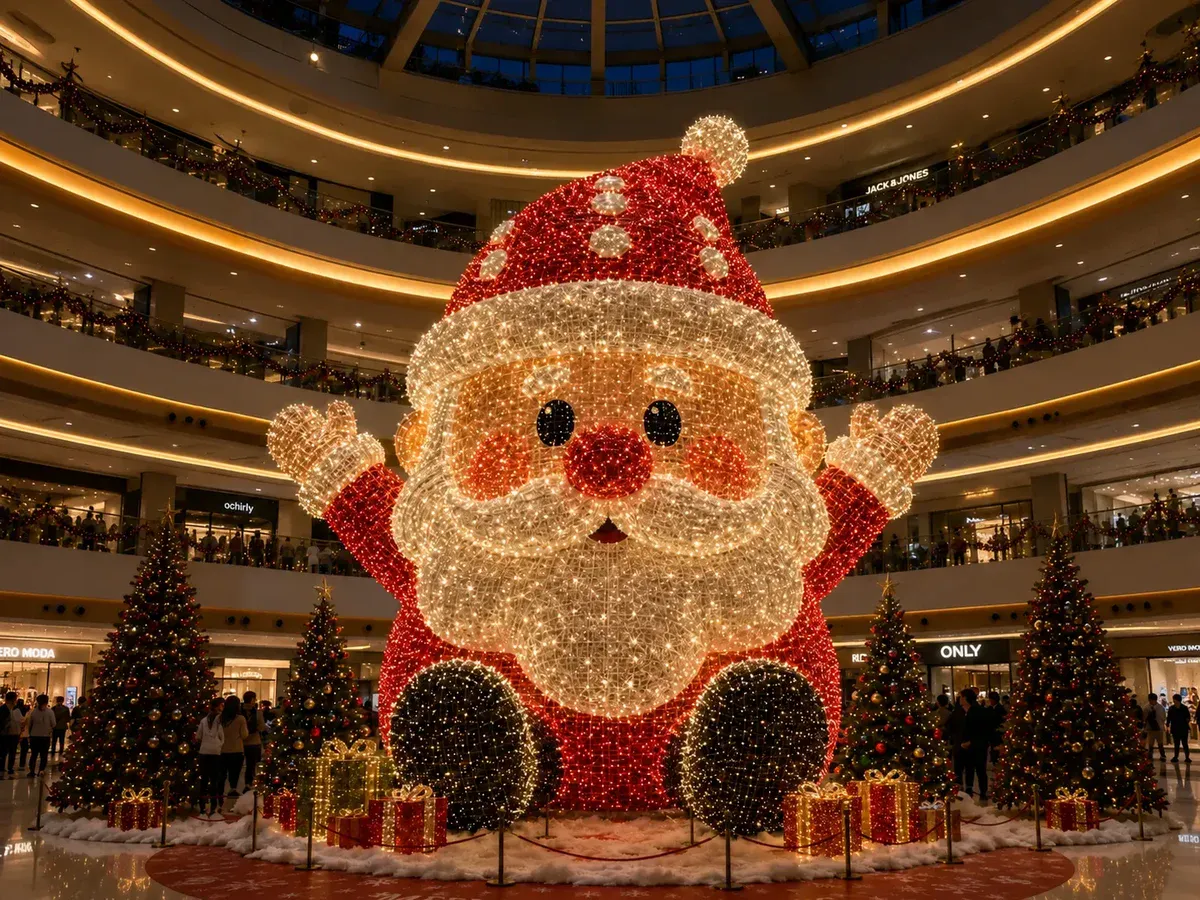 Large illuminated Santa LED light sculpture installed in a shopping mall atrium