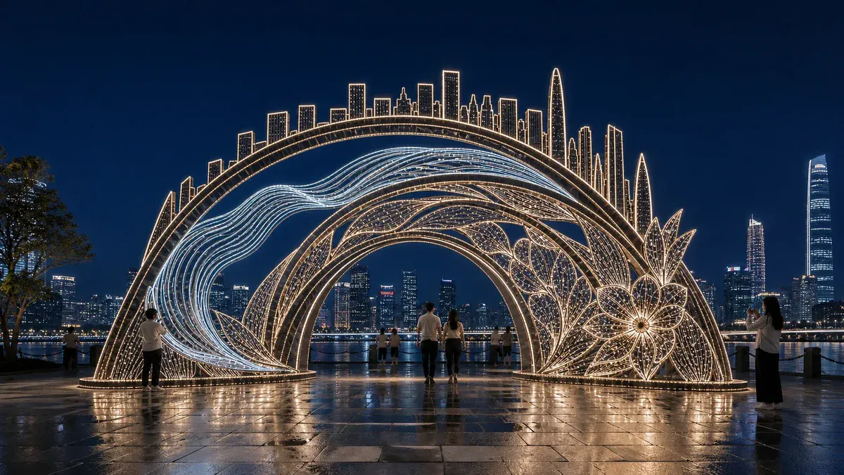 Commercial LED light sculpture gateway framing a contemporary city waterfront